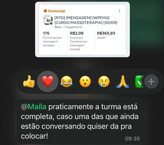 Cliente da Raio7 informando que a turma está praticamente completa
