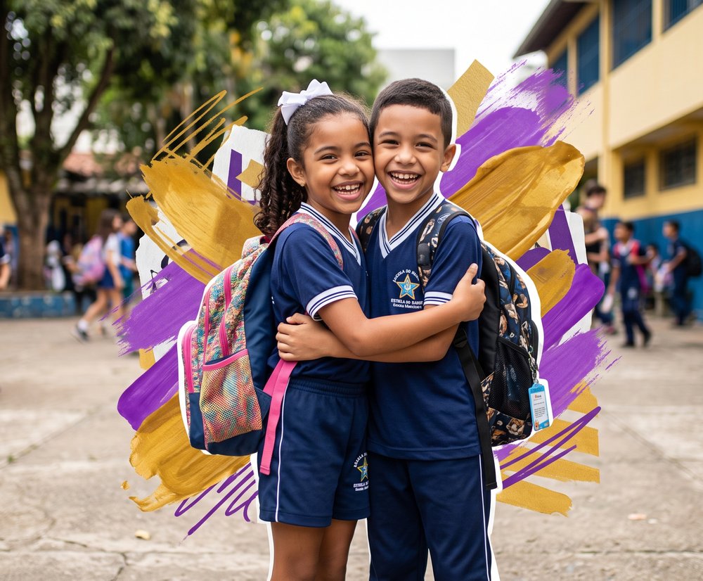 Alunos de escola particular abraçados no pátio